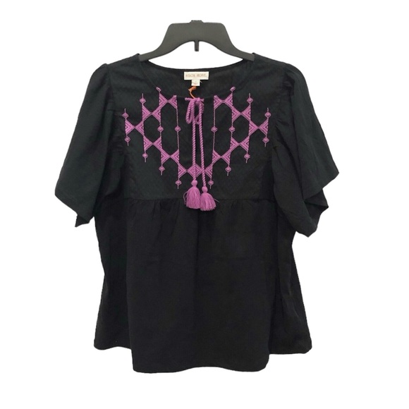 Knox Rose Flutter Short Sleeve Embroidered Black/Purple Top Size: Extra Small - Picture 1 of 4